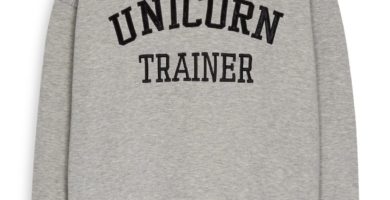 Sudadera gris con lema de unicornio