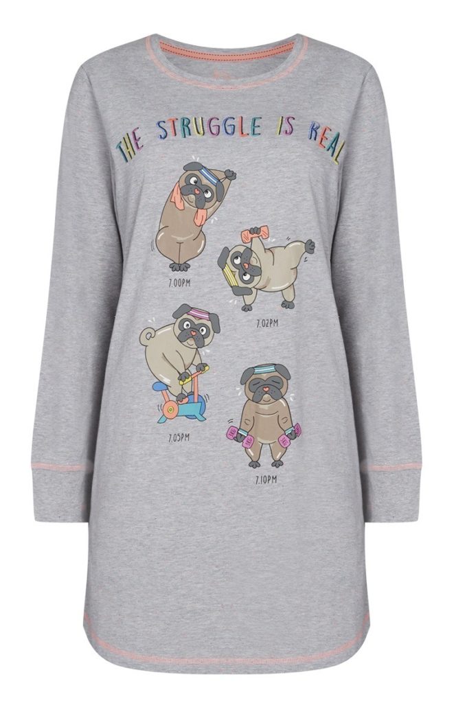 Camisón Manga Larga de Pijama Gris con Pugs