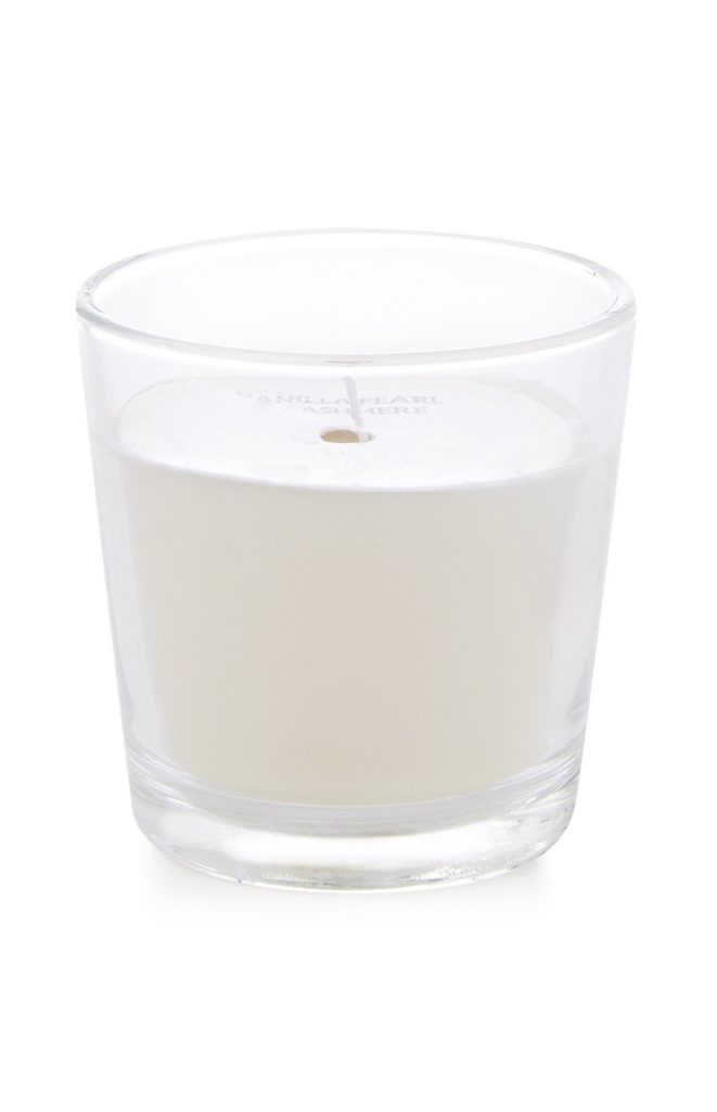 Vela vaso de chupito blanca de vainilla